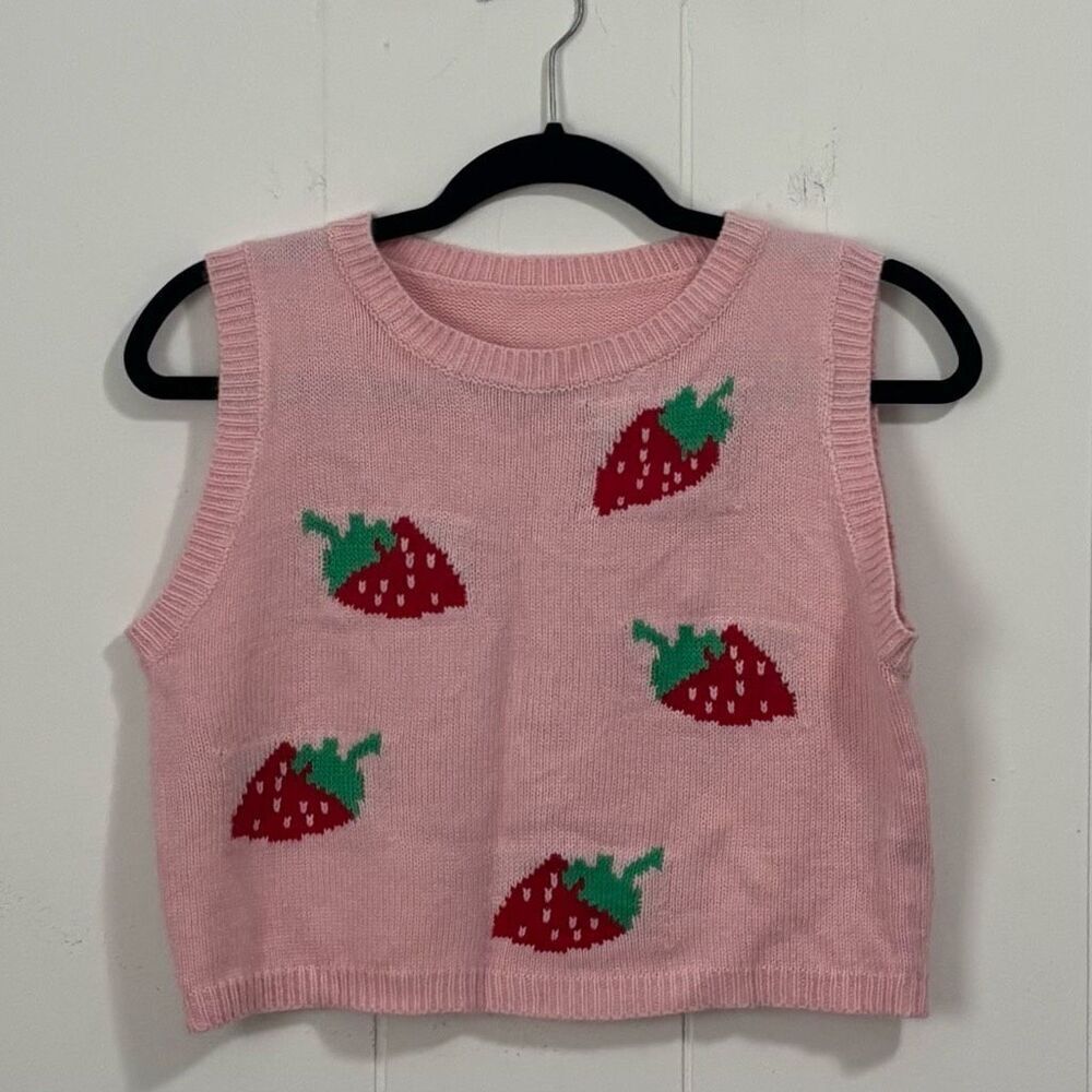 Shein Strawberry‎ Cropped Sweater Vest Pink 6